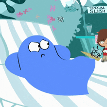 a special slush sign is behind a cartoon character