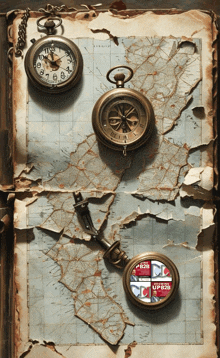 three pocket watches and a compass on top of a map that says upb2b