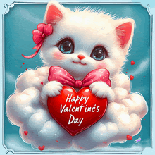 a valentine 's day card with a white cat holding a red heart
