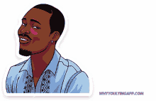 a sticker of a man with the word why in pink