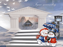 a couple of snowmen sitting on a set of stairs with the words fijne maandag written on the top
