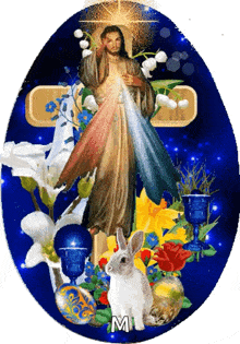 a painting of jesus on a cross with flowers and a white rabbit