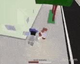 a person is walking down a sidewalk in a video game while a tree is in the background .