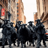 a group of people dressed as sheep with guns