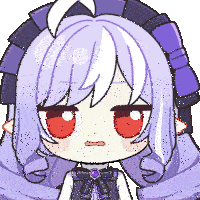 a cartoon girl with purple hair and red eyes has a bow around her neck