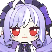 a cartoon girl with purple hair and red eyes has a bow around her neck