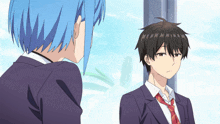 a girl with blue hair and a boy in a suit and tie