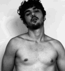 a black and white photo of a shirtless man with a beard looking at the camera .