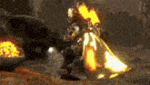 a video game character is being attacked by a giant robot with a rocket pack .