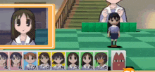 a cartoon girl is standing in front of a staircase and a row of cards with the numbers 4 through 6 on them