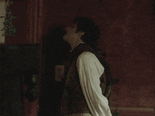 a man in a brown vest stands in a dark room with a red wall
