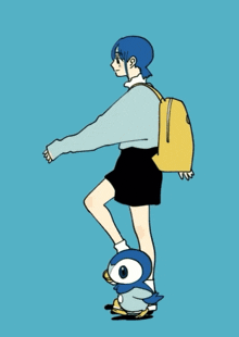 a cartoon of a girl holding a penguin