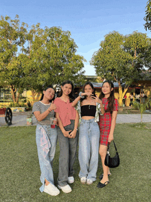 a group of young women pose for a picture in a park