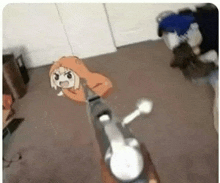 a cartoon girl is holding a gun in a room .