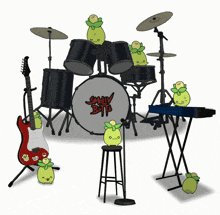 a cartoon drawing of a drum set with a drum that says ' squily bump ' on it