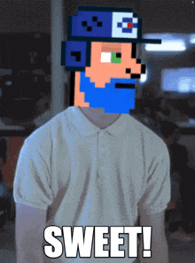 a man in a white shirt with a pixelated face and the words sweet on the bottom