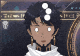 a drawing of a man with three white circles on his forehead