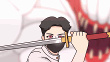 a cartoon drawing of a man holding a sword in front of his face