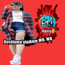 a woman in a plaid jacket and shorts is standing in front of a bm baret media logo