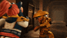 a cartoon character with a sword and shield standing next to another cartoon character