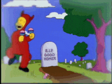 a cartoon character in a devil costume is standing in front of a grave that says r.i.p good homer