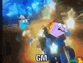 two cartoon characters are riding a motorcycle and the words gm are on the screen