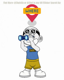 a cartoon character is looking through binoculars with a sign above him that says " where "