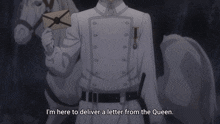a man in a white uniform is holding an envelope and says i 'm here to deliver a letter