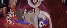 a cartoon scene with a skeleton and a purple carpet