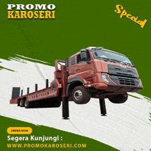 an advertisement for promo karoseri shows a red truck on a green and white background