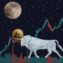 a bull is walking in front of a moon and a coin with a face on it