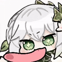 a cartoon drawing of a girl with white hair and green eyes with a pink tongue sticking out .
