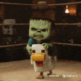 a cartoon character is holding a chicken in a boxing ring .