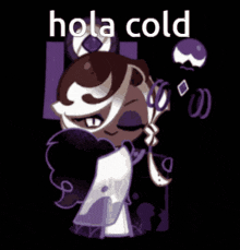 a cookie run character is wearing a purple and white outfit and holding a purple ball .