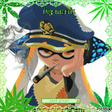 a picture of a cartoon character smoking a cigarette with the words big weeds weed grower on the bottom right