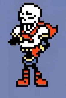 papyrus from undertale is a pixel art character that is standing on a blue background .