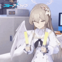 a girl with wings and a flower in her hair is holding two light sticks in her hands .