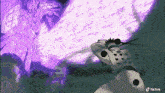a cartoon character is holding a sword in front of a purple glowing monster .