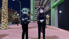 two police officers standing next to each other with the word police on their vest