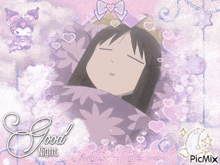 a picture of a girl sleeping with the words good night on the bottom right