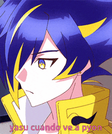 a close up of a blue haired anime character with the words yasu cuando ve a pyon below it