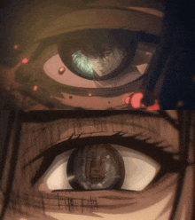 a close up of a person 's eye with a reflection of another person in it