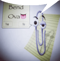 a paper clip with a speech bubble that says bend ova on it