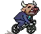 a pixel art illustration of a bull in a suit and tie riding a bicycle .