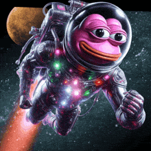 a pink frog in a space suit flies through space