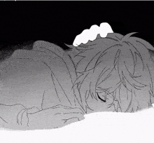 a black and white drawing of a person laying on a bed