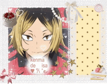 a picture of kenma de isa with hearts and stars around it
