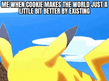 a pikachu is laying on the ground with a blue sky in the background and a meme .