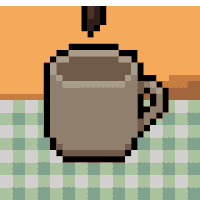 a pixel art of a coffee cup on a checkered tablecloth
