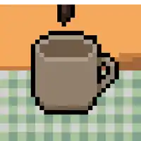 a pixel art of a coffee cup on a checkered tablecloth